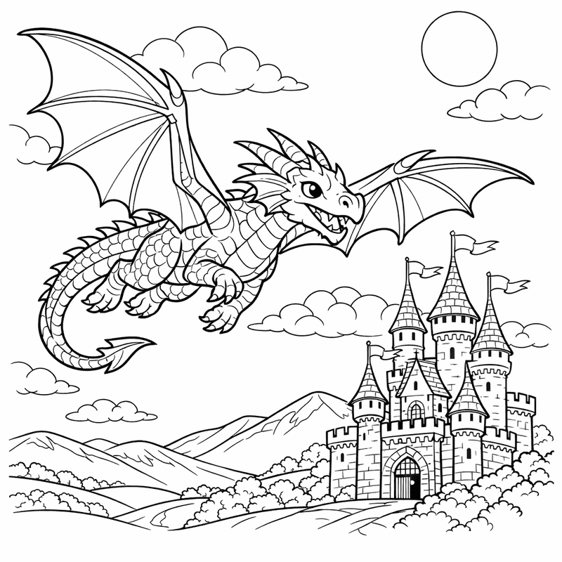 Free printable coloring page: A Friendly Dragon Reading A Book In Its…, for ages 7-12