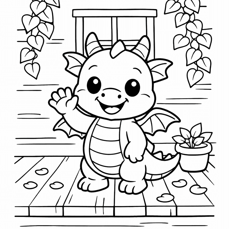 Free printable coloring page: A Friendly Dragon Reading A Book In Its…, for ages 3-6