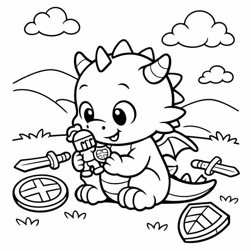 Free printable coloring page: Object Only: Two Baby Dragons Playing Together, No…, for ages 3-6