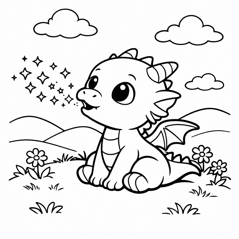 Free printable coloring page: Object Only: A Cute Baby Dragon With Clean…, for ages 3-6