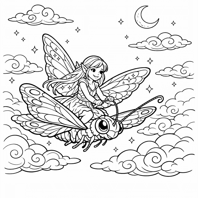 Fairy Coloring Page — A Fairy Sitting On A Mushroom With Sparkling…