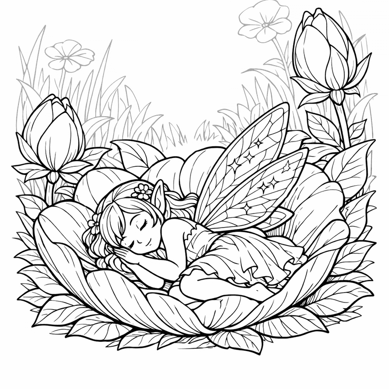 Free printable coloring page: A Fairy Sitting On A Mushroom With Sparkling…, for ages 7-12
