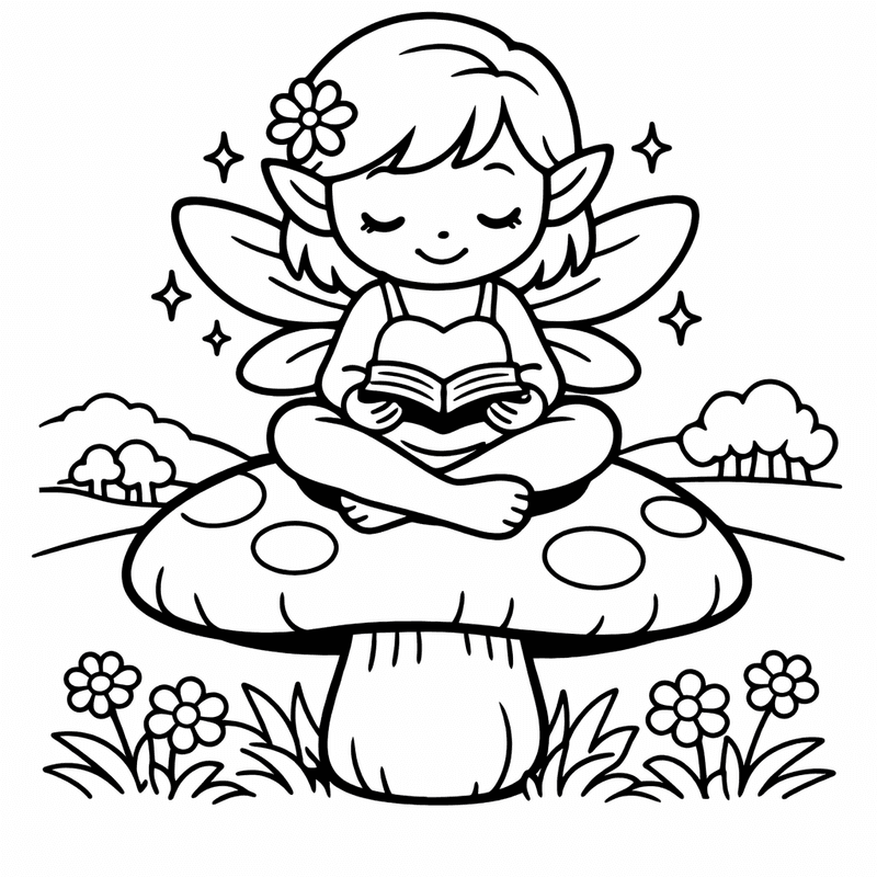 Free printable coloring page: A Fairy Riding A Butterfly Through Clouds, for ages 3-6