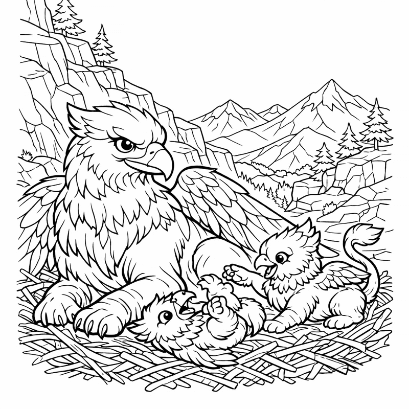 Free printable coloring page: A Griffin Standing Guard At A Castle Gate, for ages 7-12