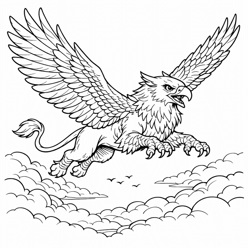 Free printable coloring page: A Griffin Family In Their Mountain Nest, for ages 7-12