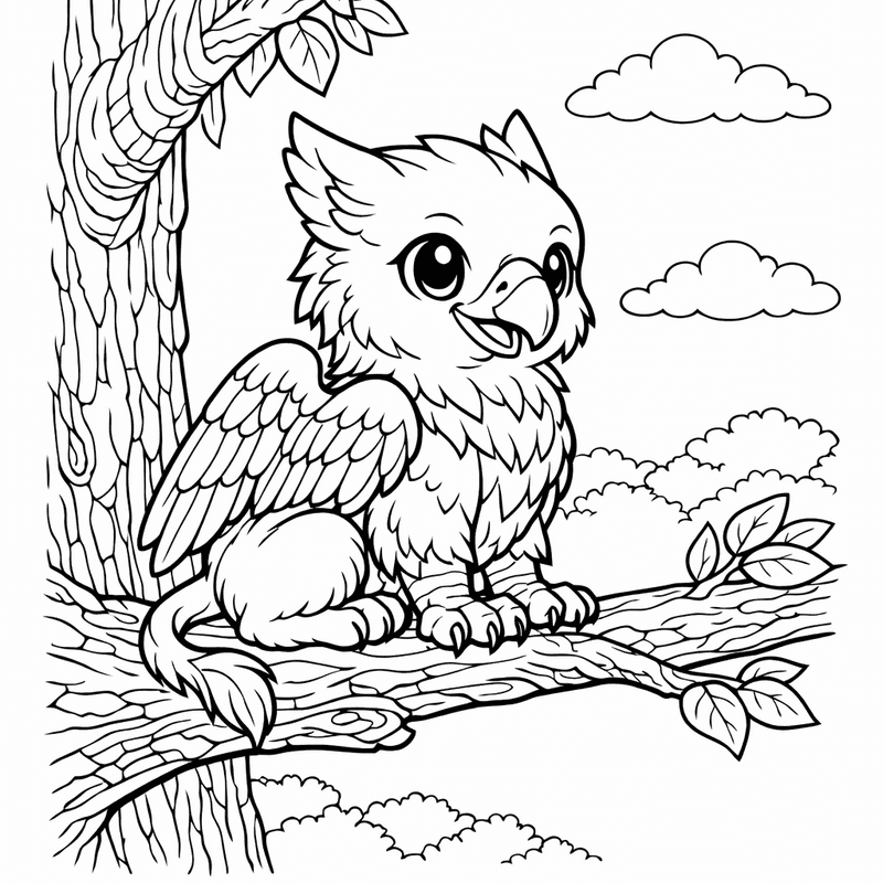 Free printable coloring page: A Cute Baby Griffin With Eagle Head And…, for ages 7-12