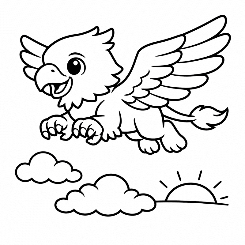 Free printable coloring page: A Griffin Soaring Through Clouds, for ages 3-6
