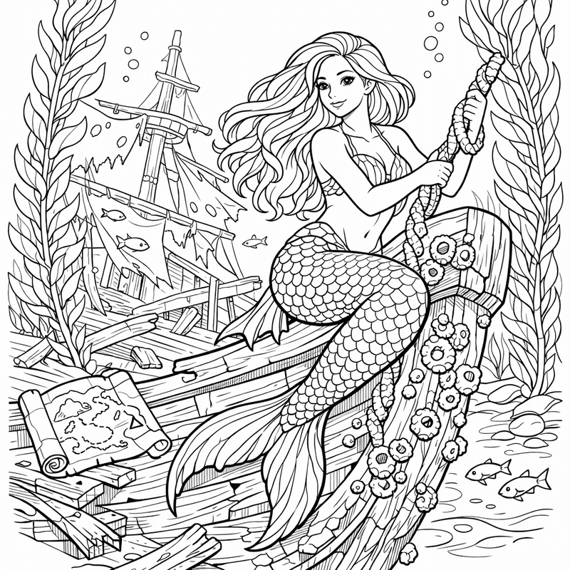 Free printable coloring page: A Mermaid Singing On A Beach At Sunset, for ages 7-12