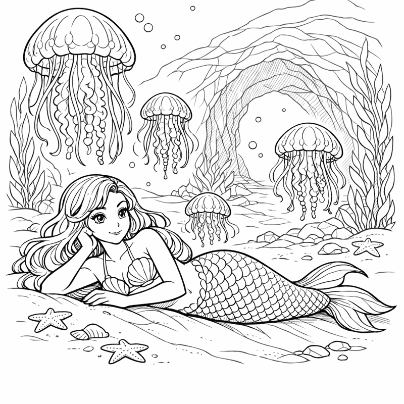 Free printable coloring page: Object Only: A Cute Mermaid With Clean Outlines,…, for ages 7-12