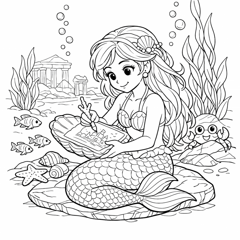 Free printable coloring page: A Mermaid Swimming With Dolphins And Fish, for ages 7-12