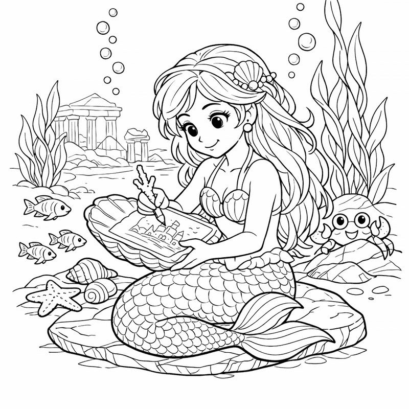 Free printable coloring page: A Mermaid Swimming With Dolphins And Fish, for ages 7-12