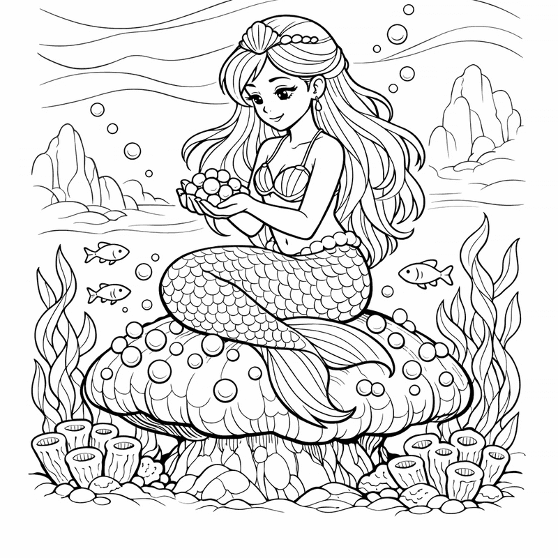Free printable coloring page: A Mermaid And Her Pet Octopus Exploring Coral, for ages 7-12