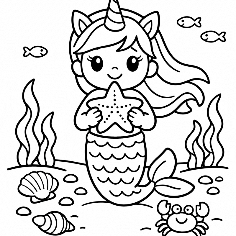 Free printable coloring page: A Baby Mermaid Playing With A Seahorse, for ages 3-6