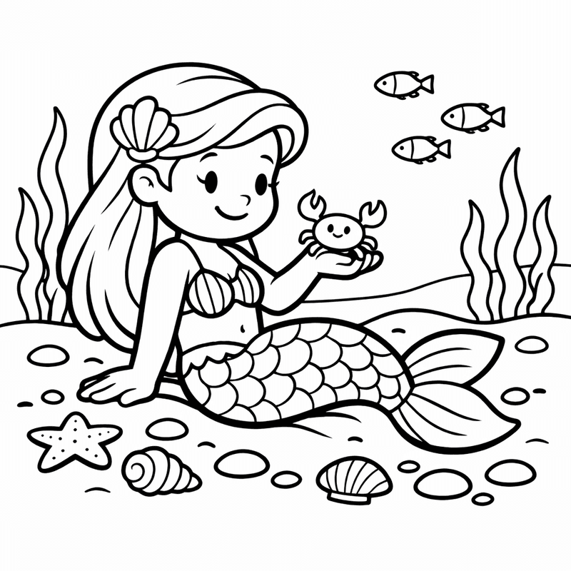 Free printable coloring page: A Mermaid In An Underwater Castle With Shells, for ages 3-6