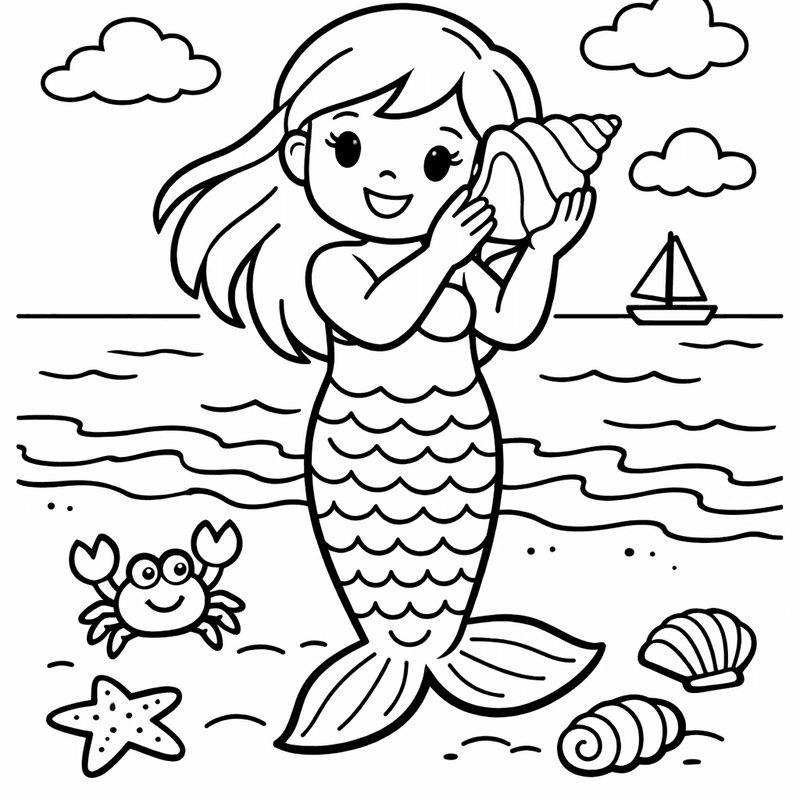 Free printable coloring page: A Baby Mermaid Playing With A Seahorse, for ages 3-6