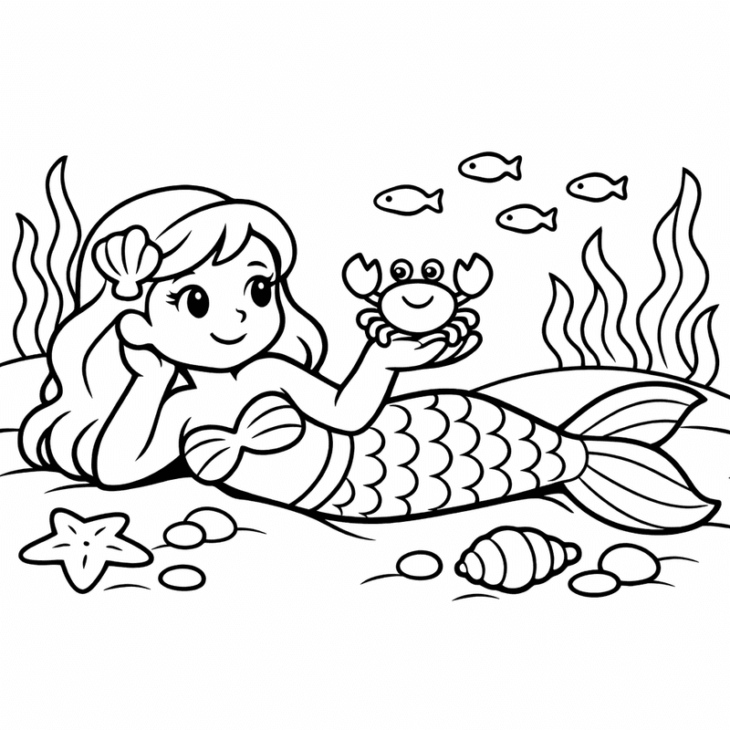 Free printable coloring page: Object Only: A Cute Mermaid With Clean Outlines,…, for ages 3-6