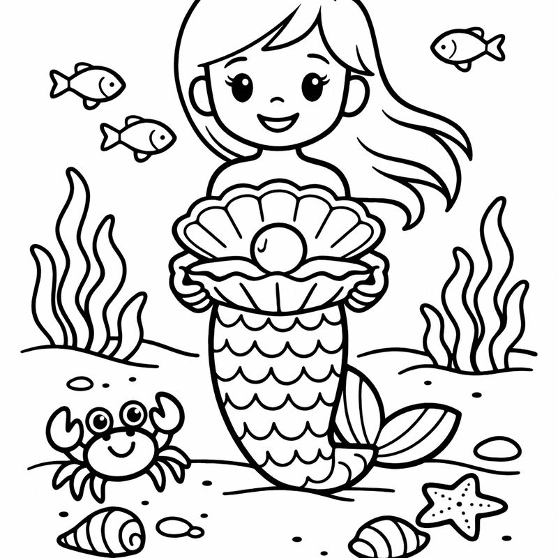 Free printable coloring page: A Baby Mermaid Playing With A Seahorse, for ages 3-6