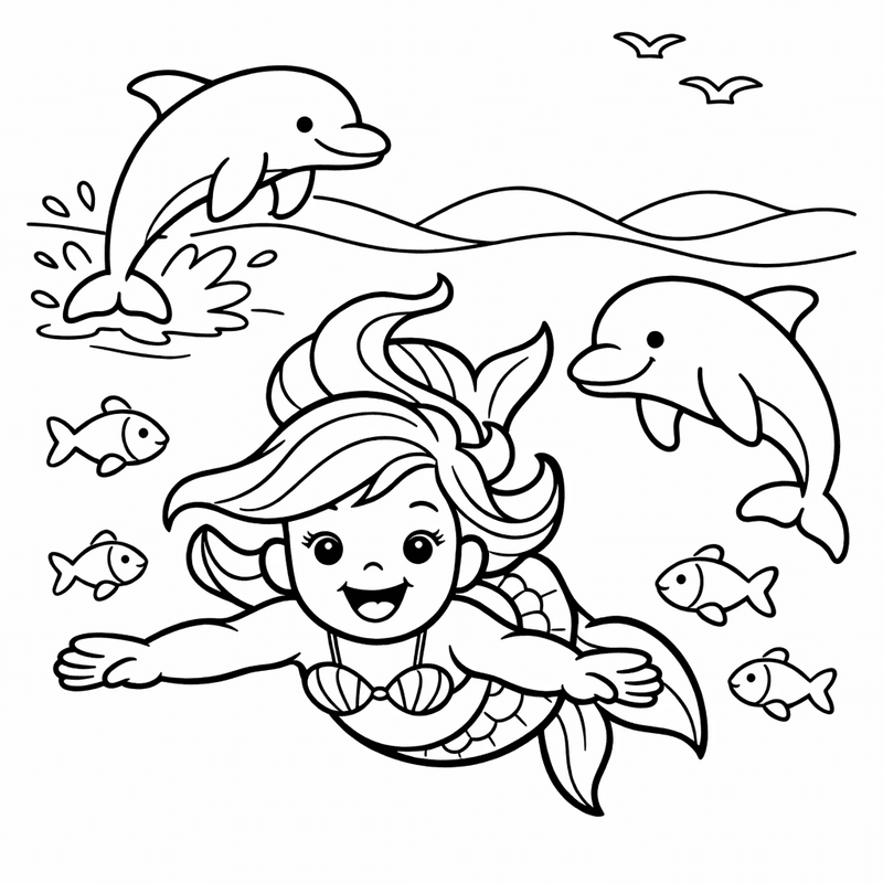Free printable coloring page: A Mermaid Swimming With Dolphins And Fish, for ages 3-6