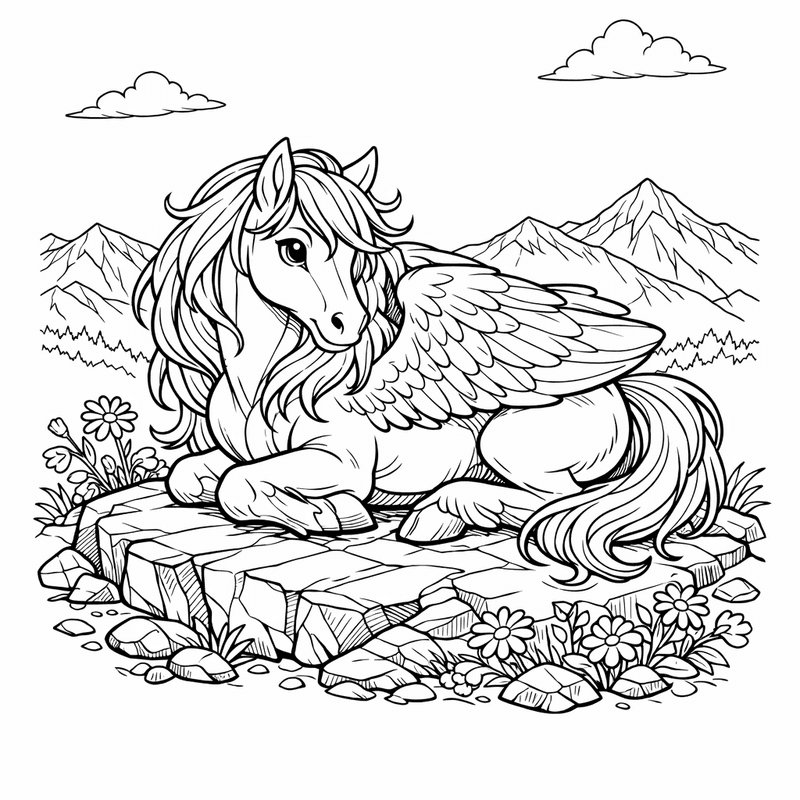 Free printable coloring page: Pegasus And Stars, for ages 7-12