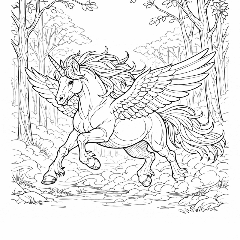Free printable coloring page: Pegasus And Clouds, for ages 7-12