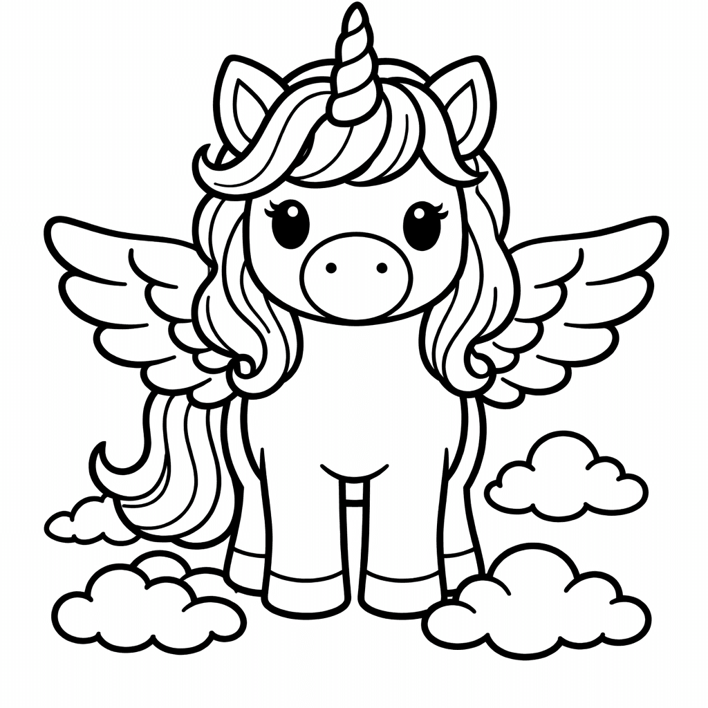 Free printable coloring page: Pegasus And Clouds, for ages 3-6