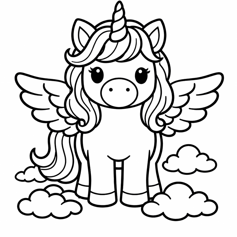Free printable coloring page: Object Only: A Cute Pegasus With Clean Outlines,…, for ages 3-6