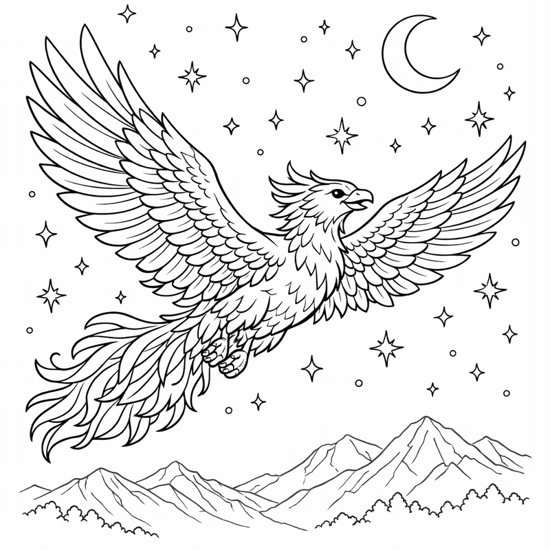 Free printable coloring page: A Phoenix Flying Across A Starry Sky, for ages 7-12