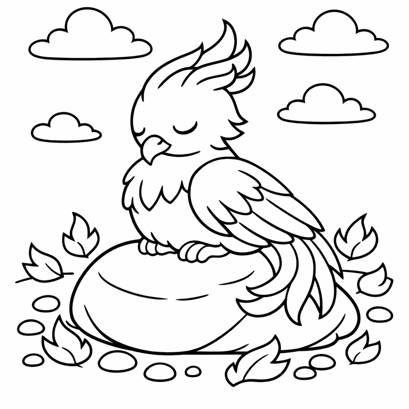 Free printable coloring page: A Phoenix Rising From Flames With Spread Wings, for ages 3-6