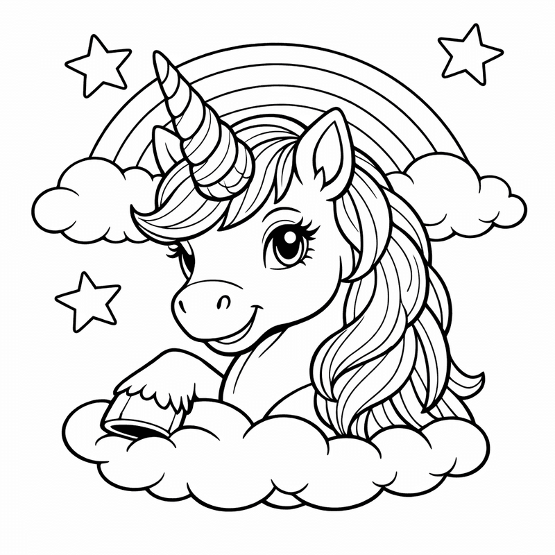 Free printable coloring page: Unicorn Jumping Rainbow, for ages 7-12