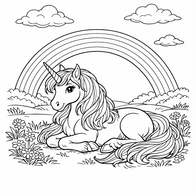 Free printable coloring page: Unicorn And Rainbow Clouds, for ages 7-12