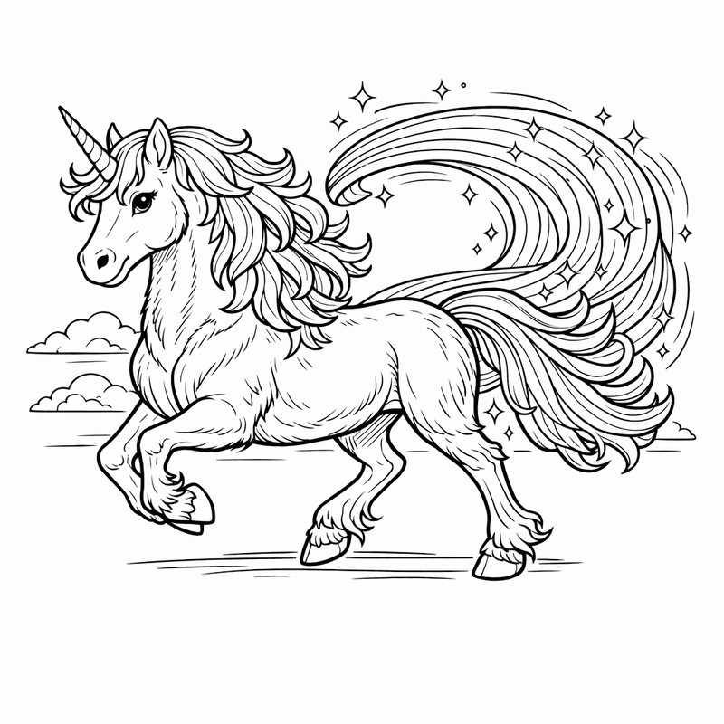 Free printable coloring page: Unicorn With Rainbow Mane, for ages 7-12