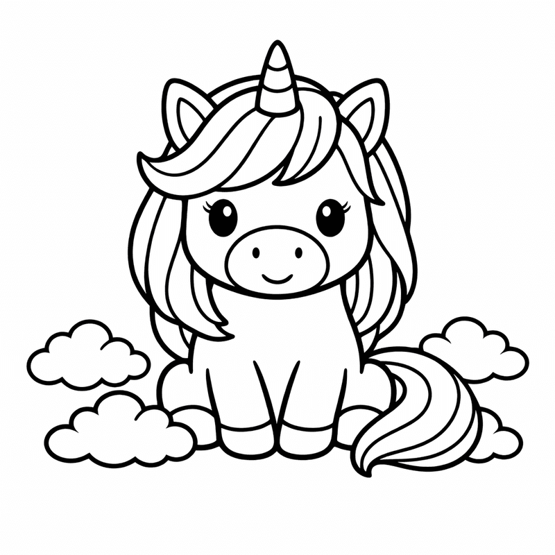 Free printable coloring page: Unicorn Under Rainbow, for ages 3-6