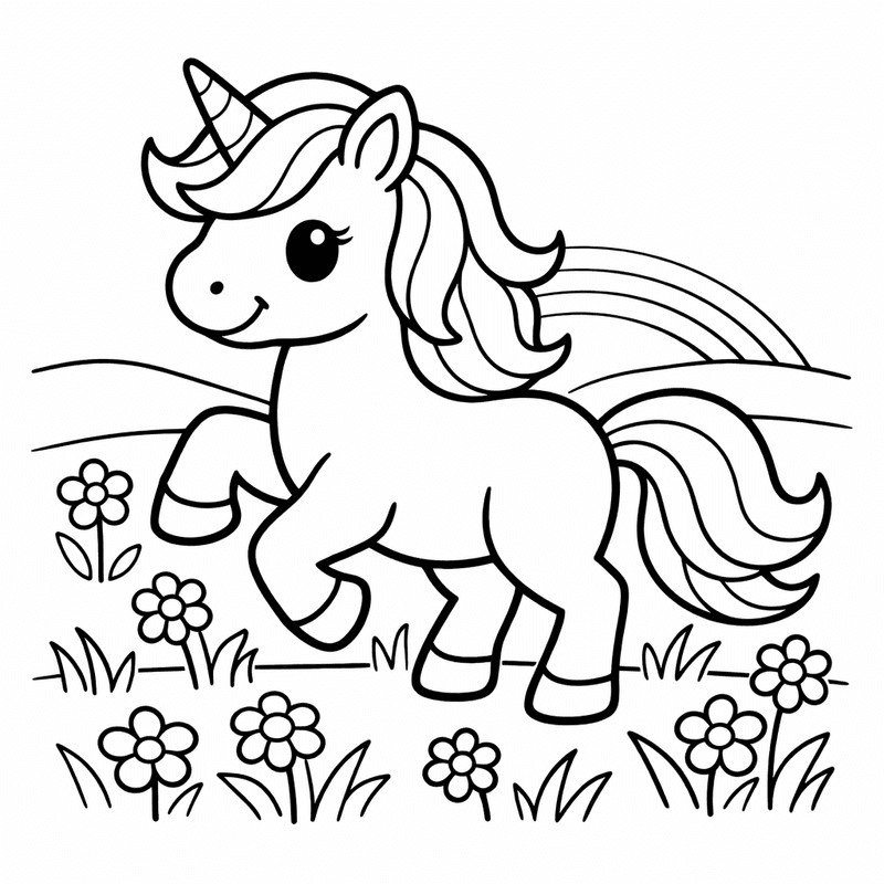 Free printable coloring page: Unicorn And Rainbow Clouds, for ages 3-6