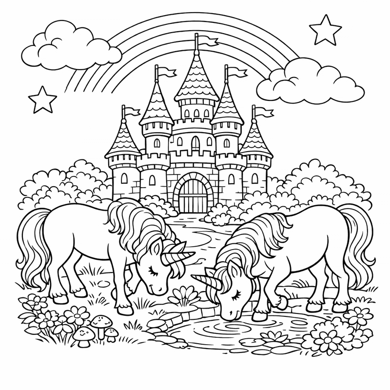 Free printable coloring page: A Rainbow Leading To A Sparkling Unicorn Castle, for ages 7-12