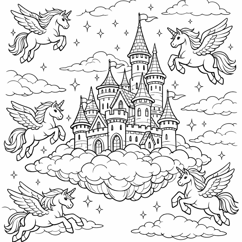 Free printable coloring page: A Floating Castle In The Clouds With Unicorns…, for ages 7-12
