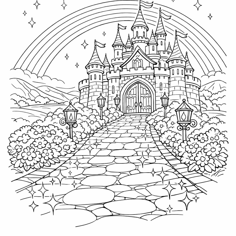 Unicorn Castle Coloring Page — A Unicorn Princess Standing At The Castle Gates