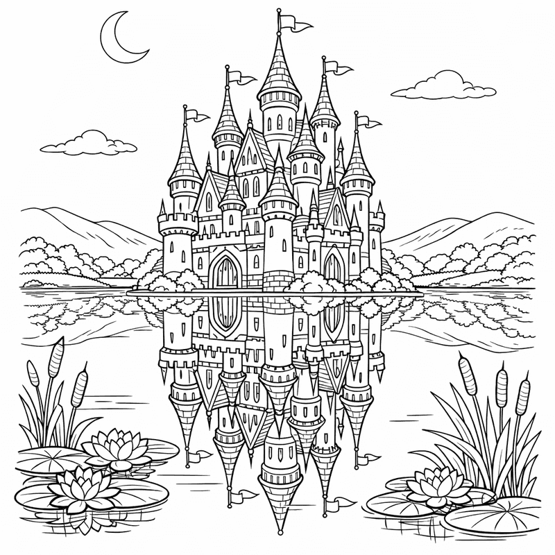 Free printable coloring page: Object Only: A Castle With A Unicorn, No…, for ages 7-12