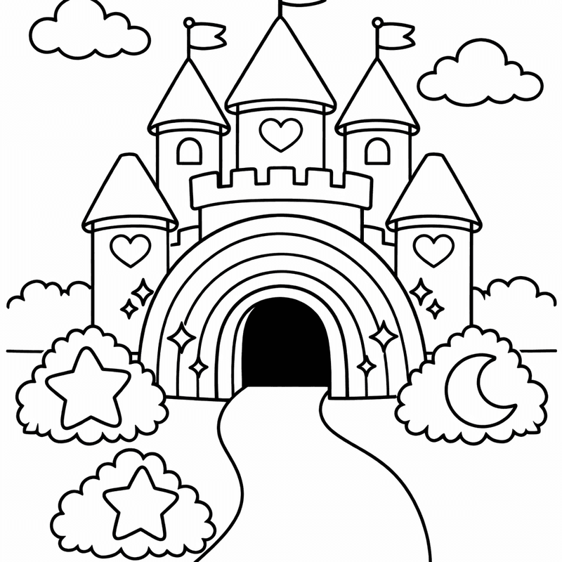Free printable coloring page: A Unicorn Princess Standing At The Castle Gates, for ages 3-6