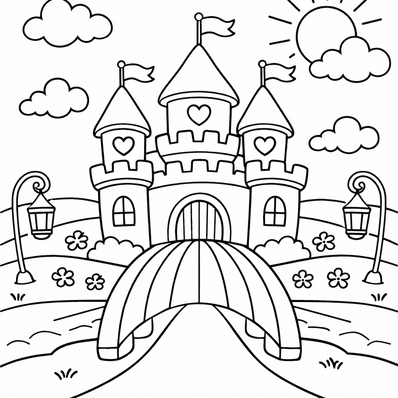 Free printable coloring page: Object Only: A Cute Fairy Tale Castle, No…, for ages 3-6