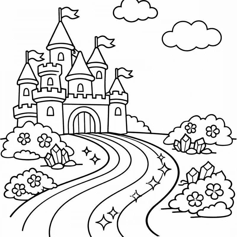 Free printable coloring page: A Magical Castle With Unicorns Grazing In The Garden, for ages 3-6