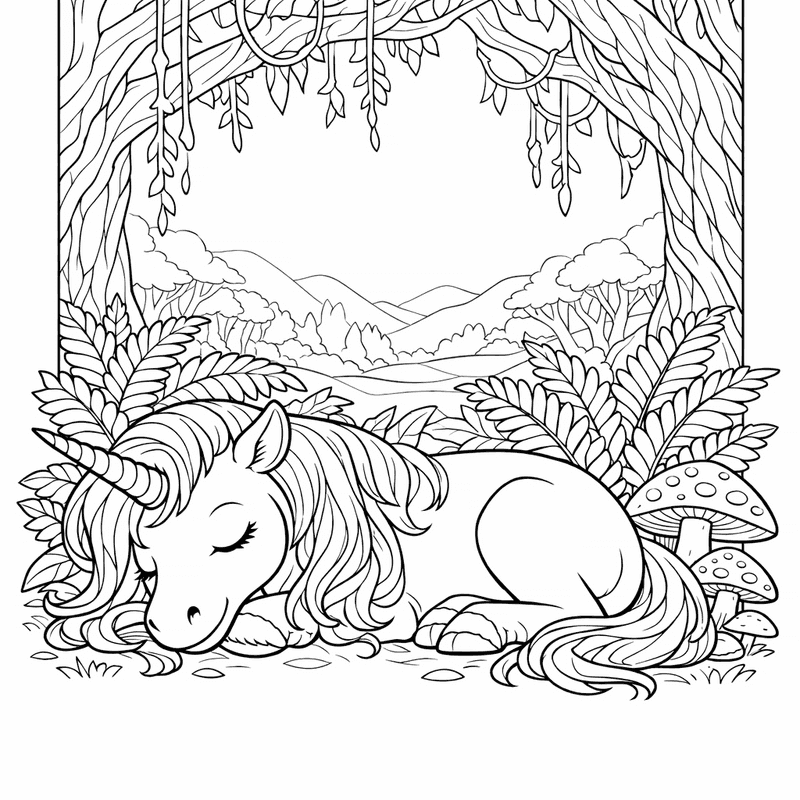 Free printable coloring page: Unicorn In Clouds, for ages 7-12