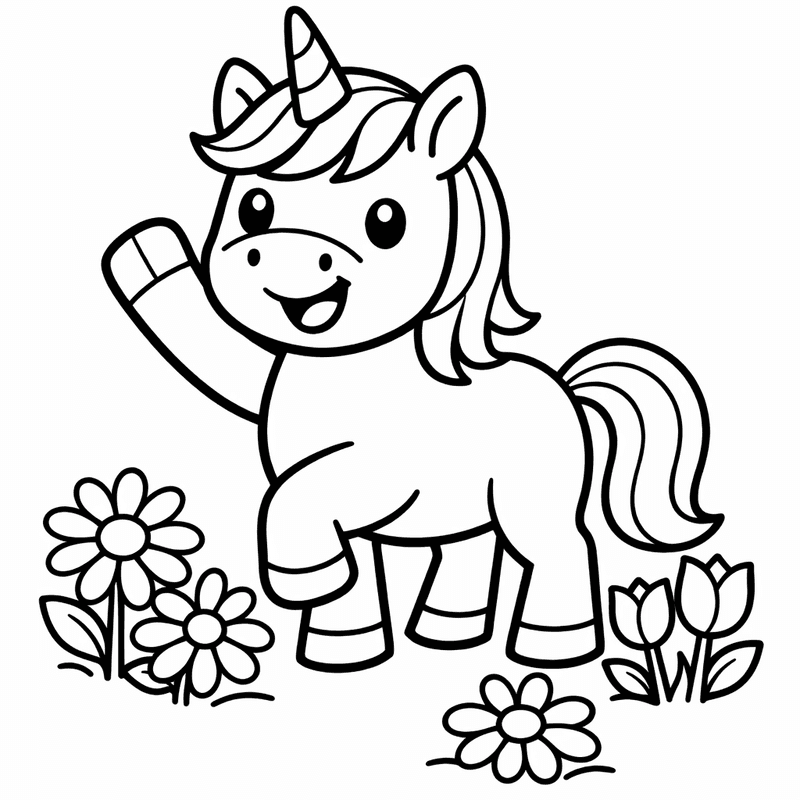 Free printable coloring page: Unicorn And Flowers, for ages 3-6