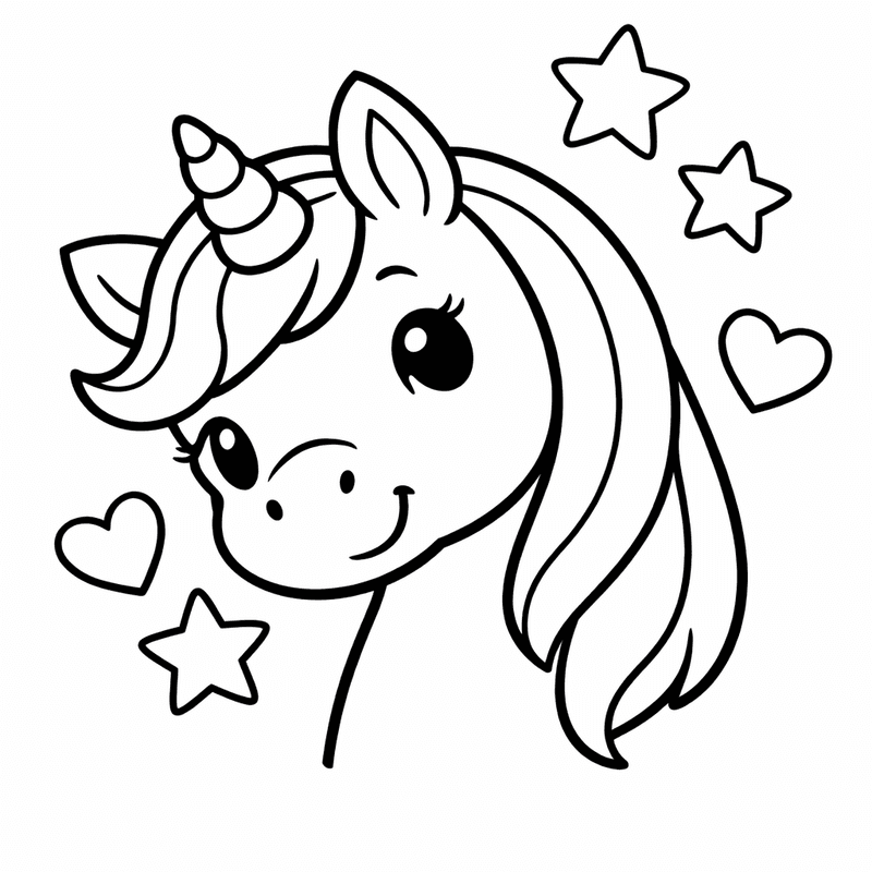 Free printable coloring page: Unicorn And Stars, for ages 3-6