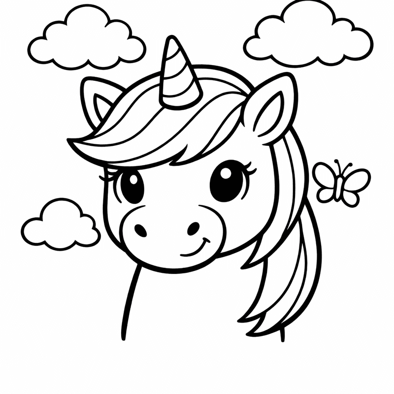 Free printable coloring page: Object Only: A Cute Unicorn Head With Clean Outlines, No Background, for ages 3-6