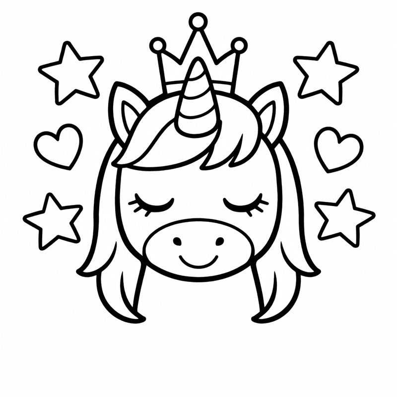 Free printable coloring page: Unicorn And Crown, for ages 3-6