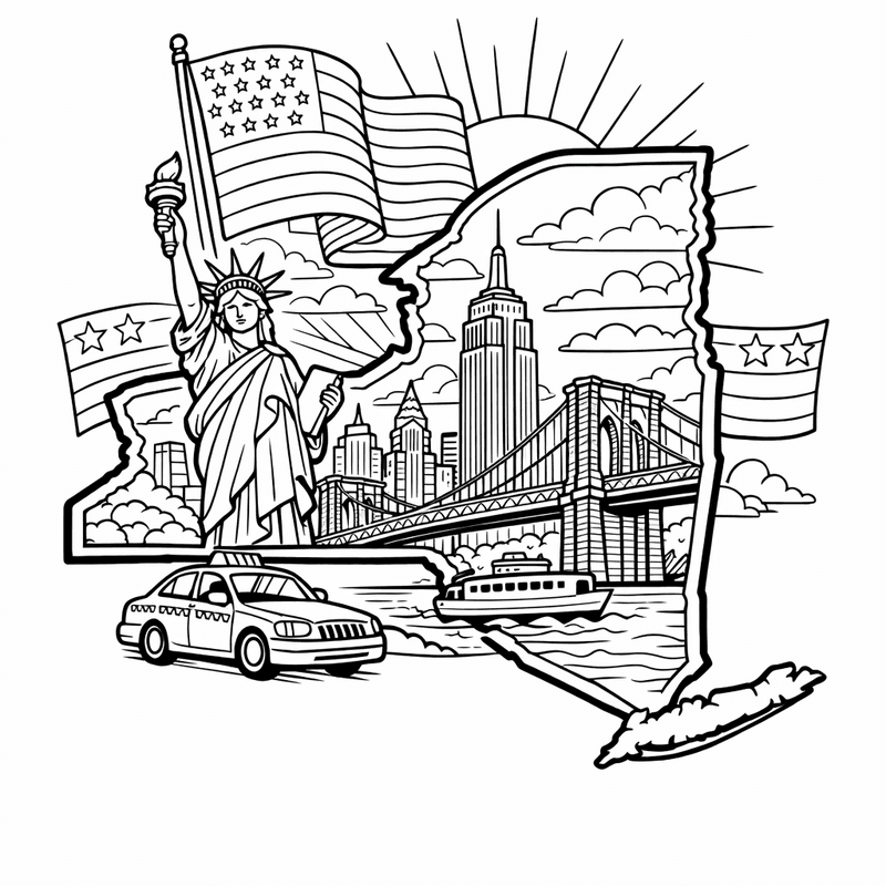 Free printable coloring page: New York Outline, for ages 7-12