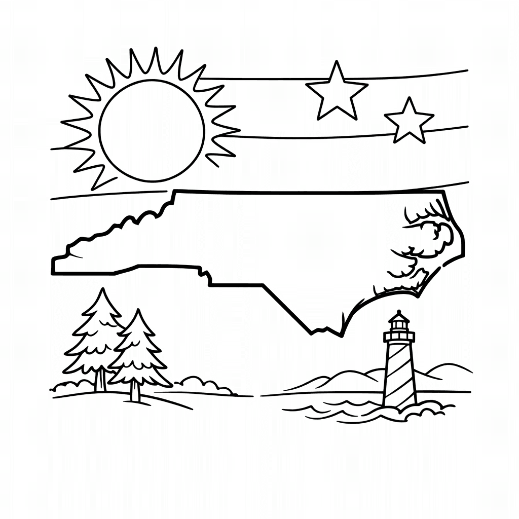 Free printable coloring page: North Carolina Map, for ages 7-12
