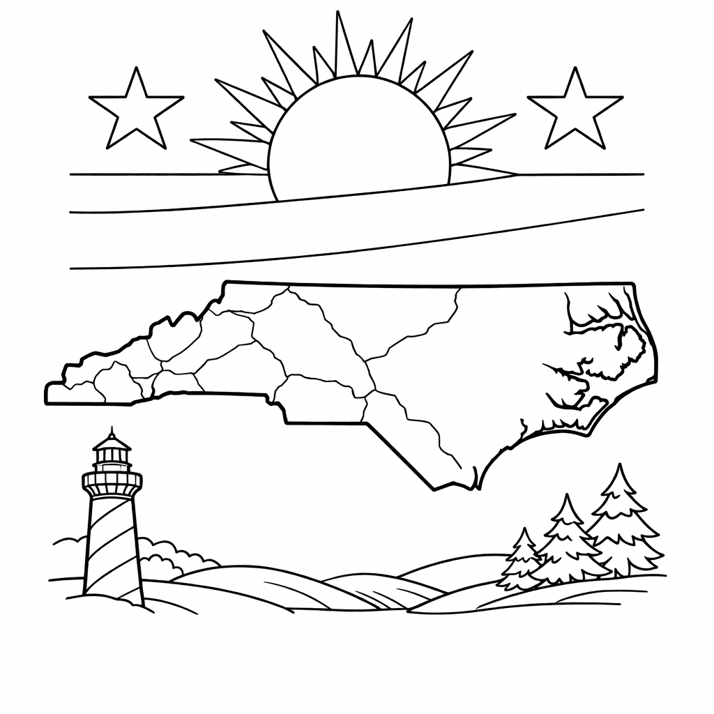 Free printable coloring page: North Carolina And Star, for ages 7-12
