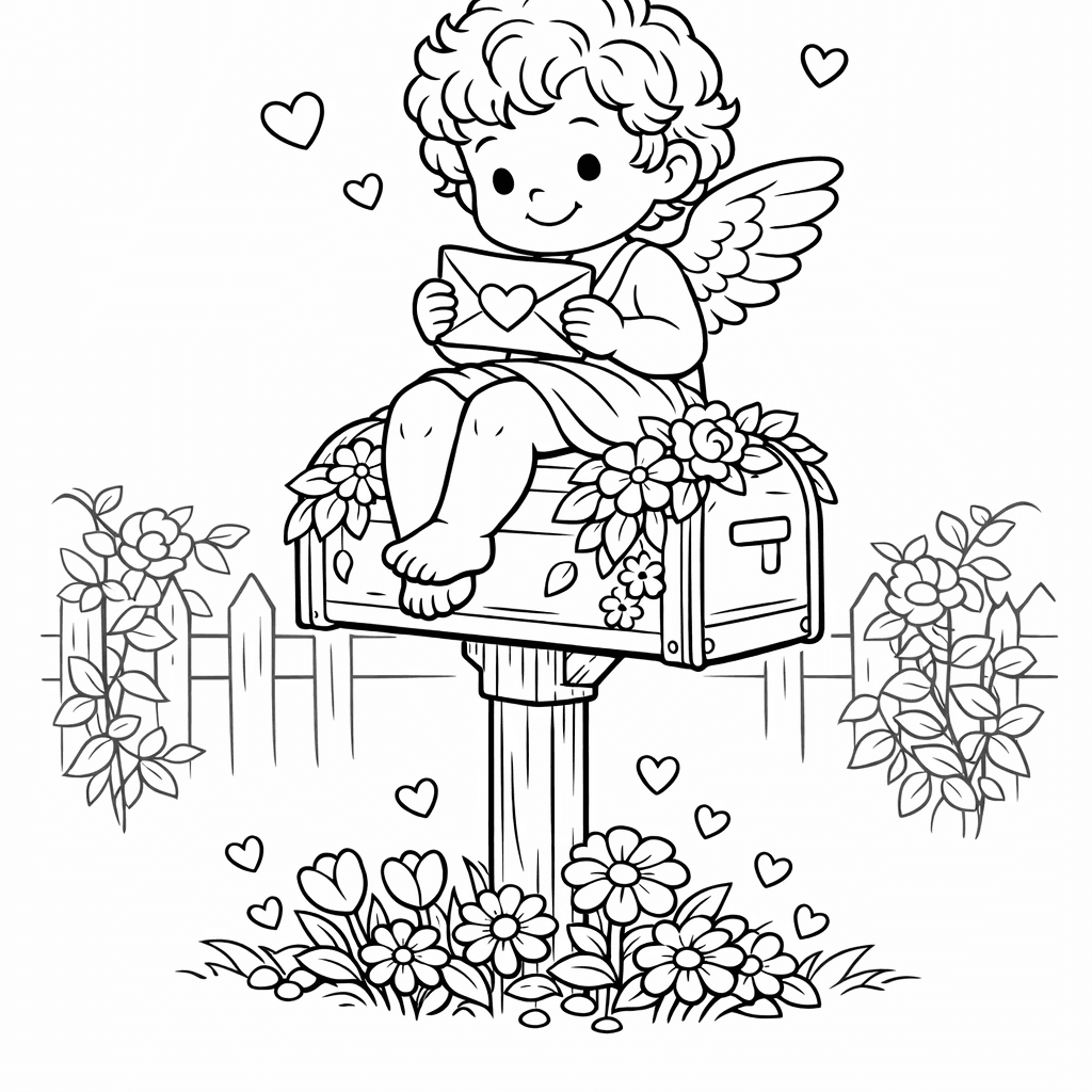 Free printable coloring page: Cupid And Heart, for ages 7-12