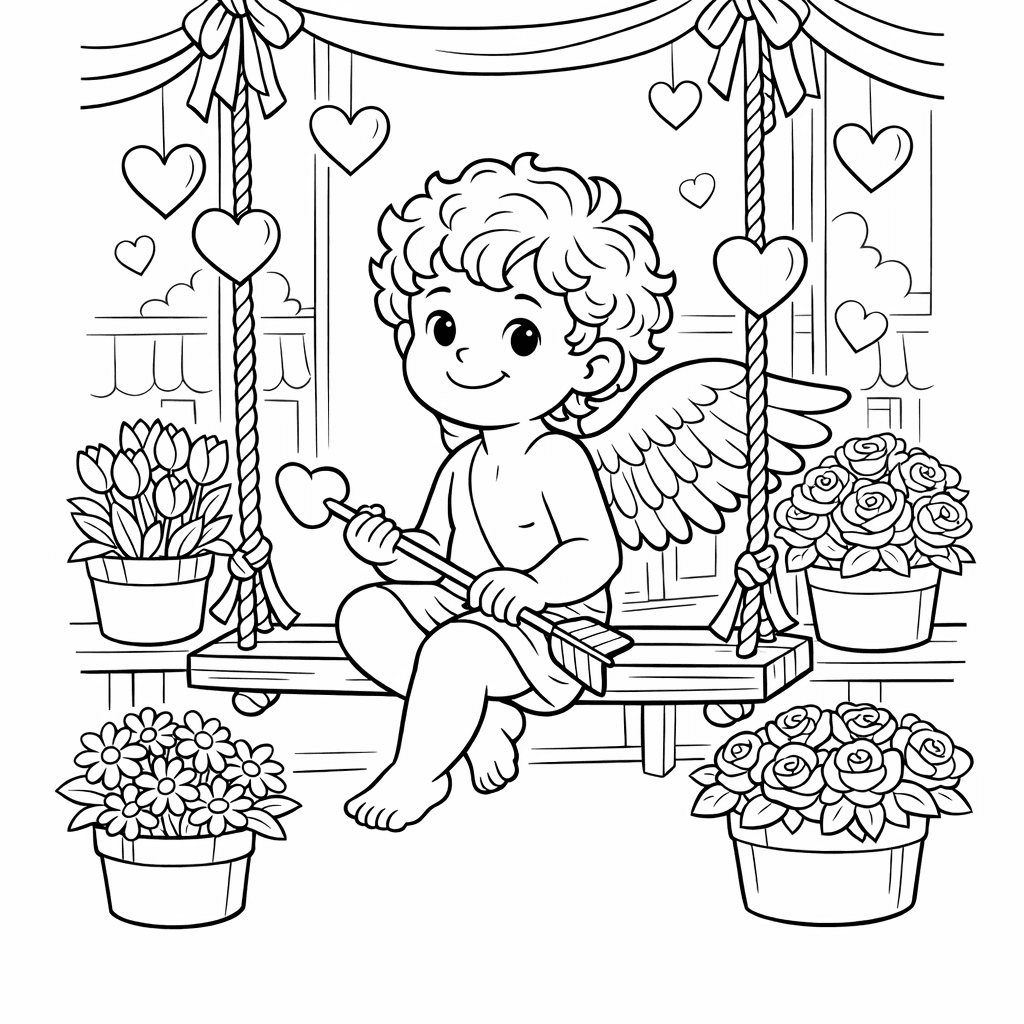 Free printable coloring page: Friendly Cupid, for ages 7-12